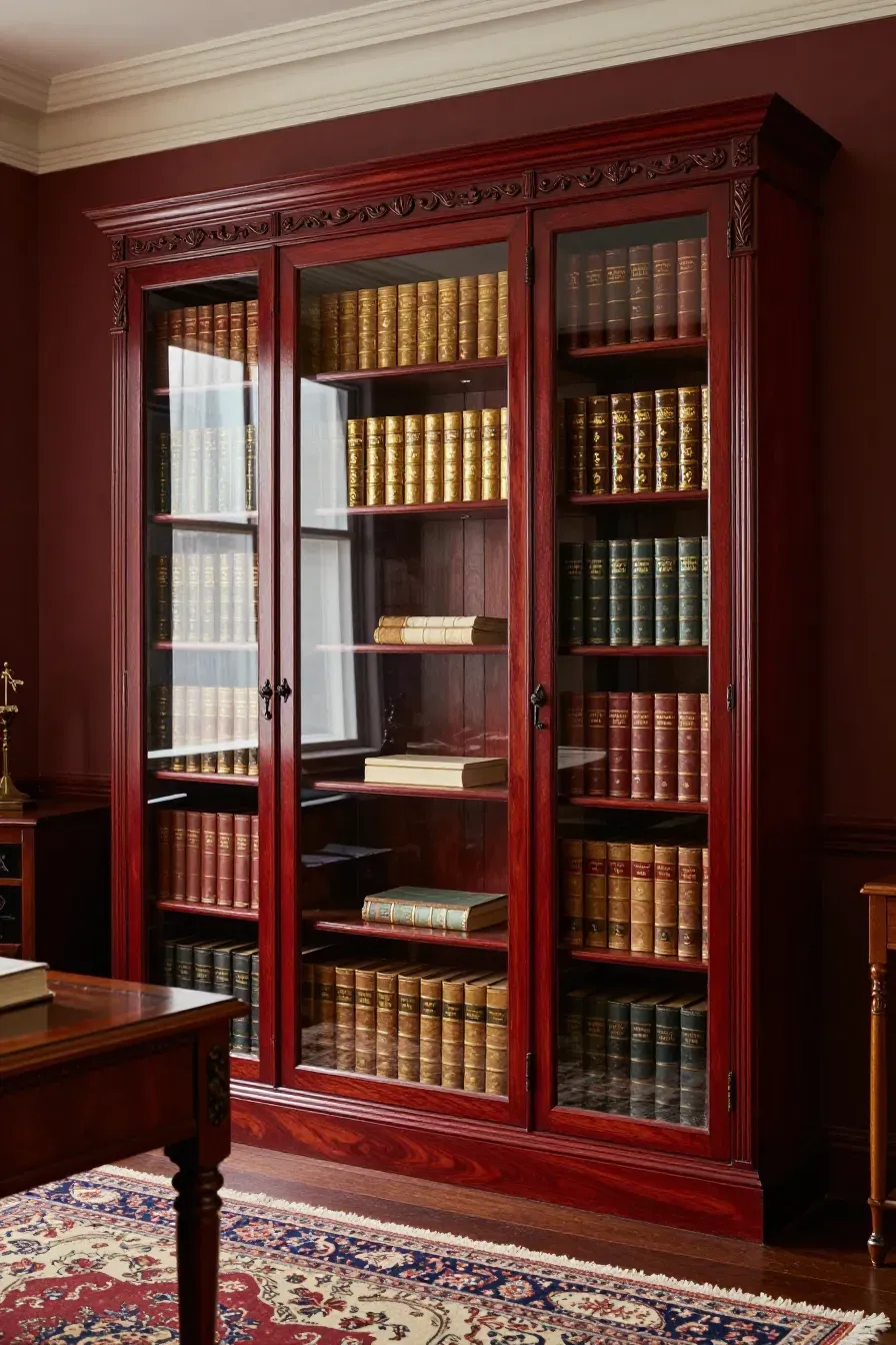 An elegant cherry wood cabinet with glass doors protecting a collection of rare books.