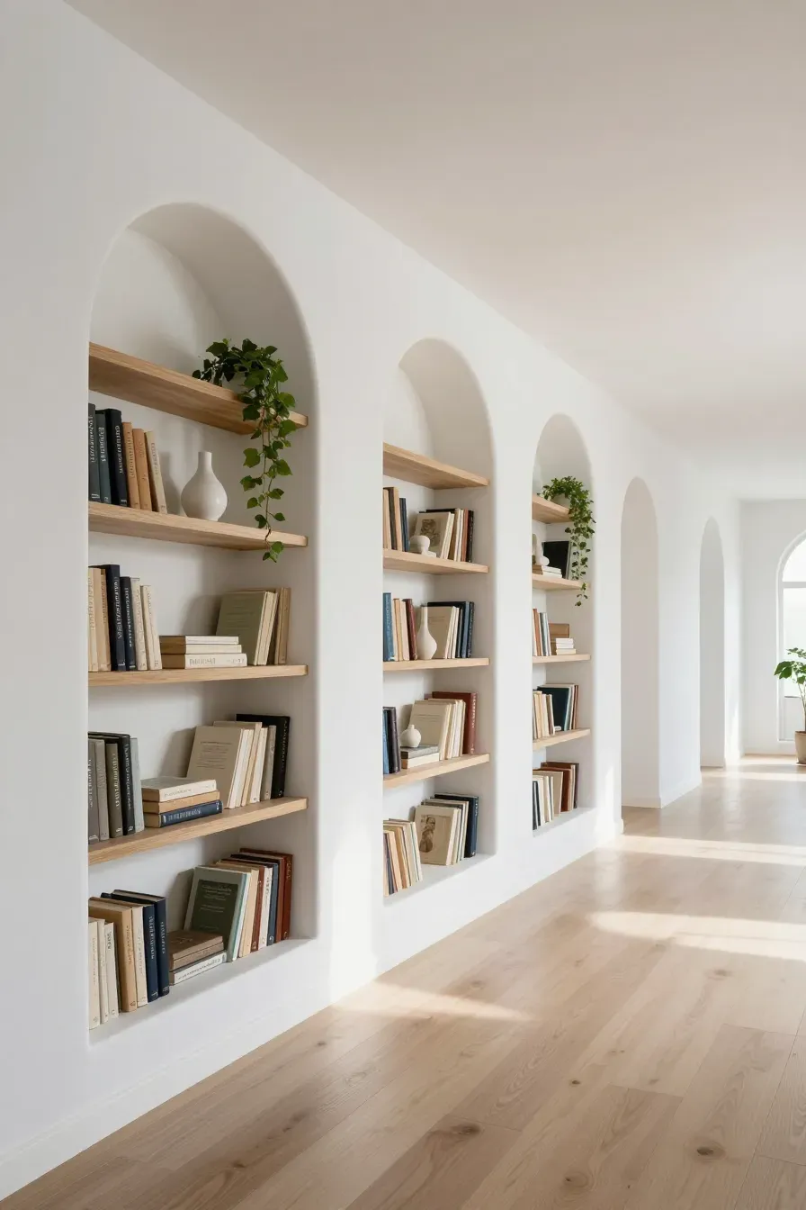 Three elegant arched wall niches filled with books and decor in a bright, minimalist hallway.