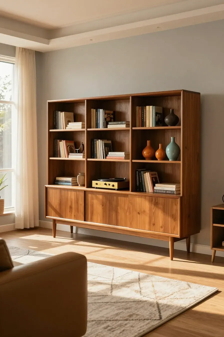 A vintage teak bookcase with tapered legs in a warm, sunlit mid-century modern living room.