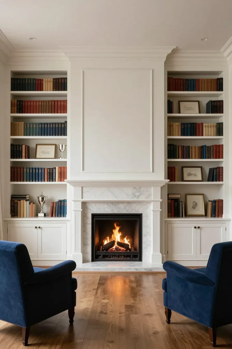 Symmetrical white built-in bookshelves flanking a central marble fireplace in a classic living room.