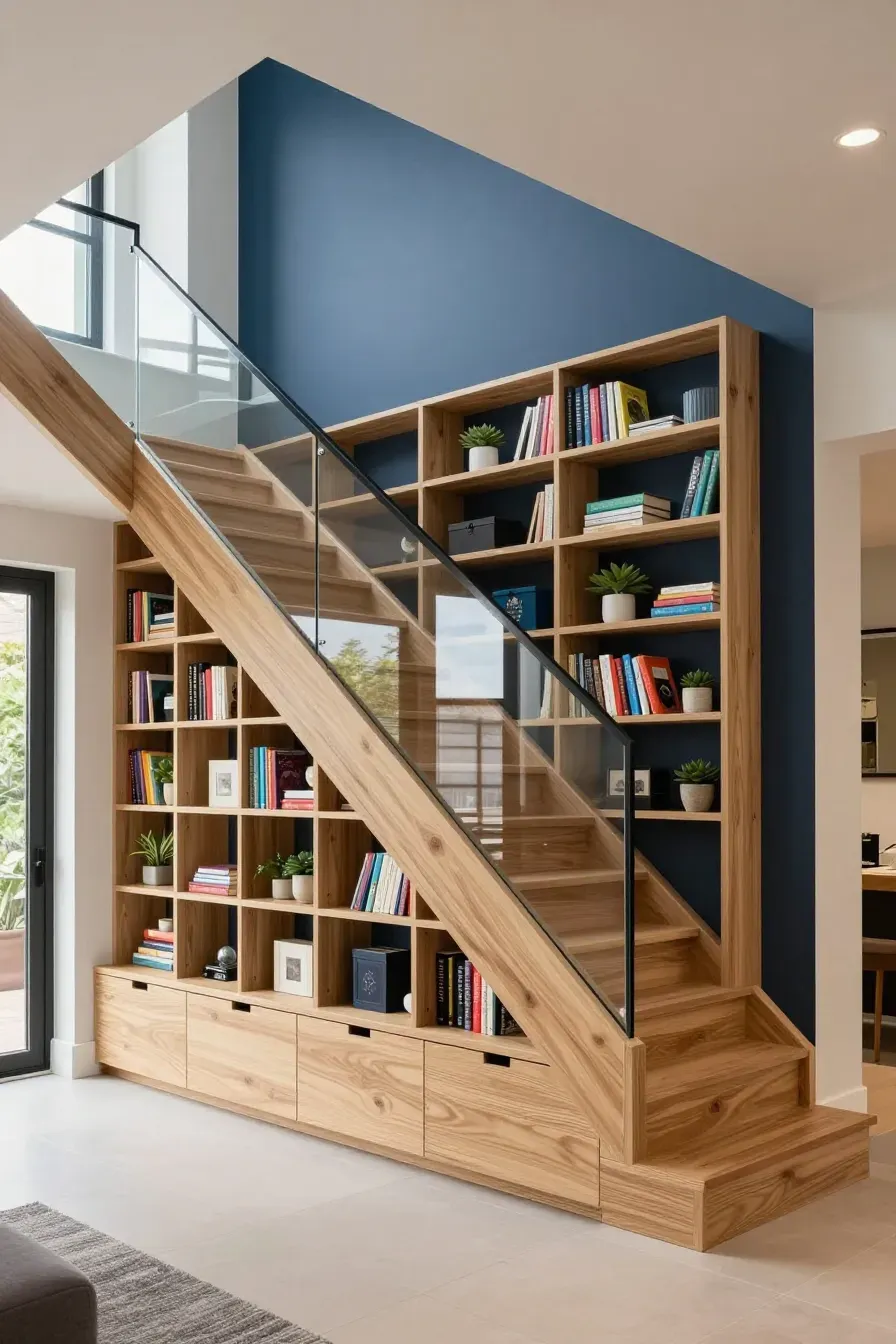 A custom birch wood library built into the triangular space under a modern floating staircase.