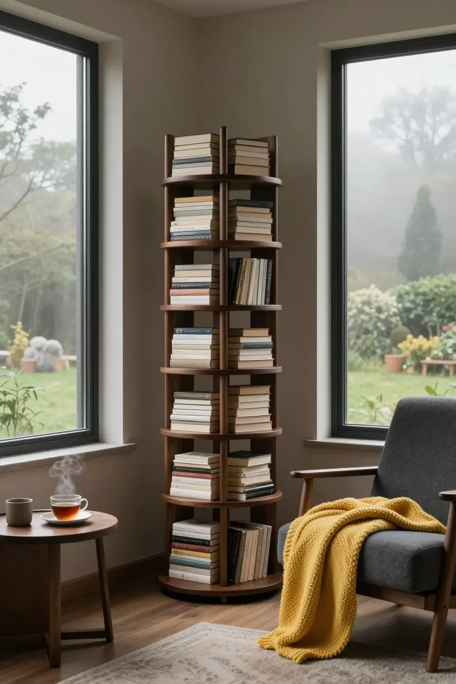 A vertical rotating cherry wood bookshelf standing next to a cozy lounge chair in a sunlit corner.