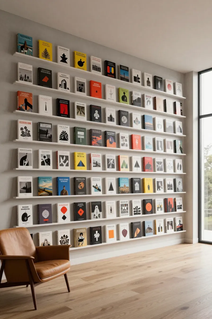 A modern white wall featuring thin ledges displaying colorful book covers facing forward like art in a bright room.