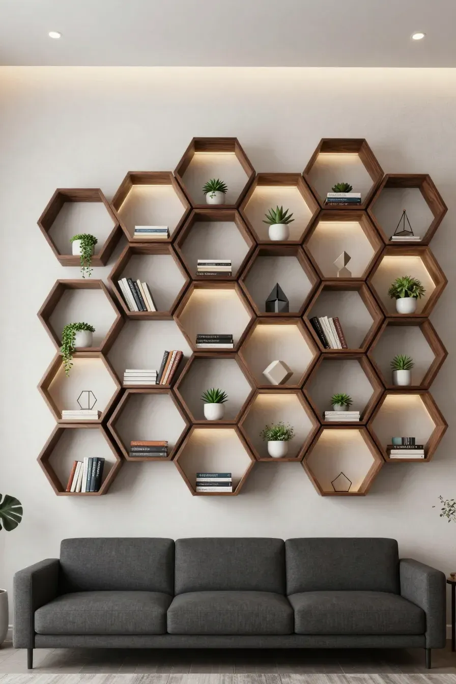 Hexagonal dark wood shelves arranged in a honeycomb pattern on a white wall, filled with books and plants.