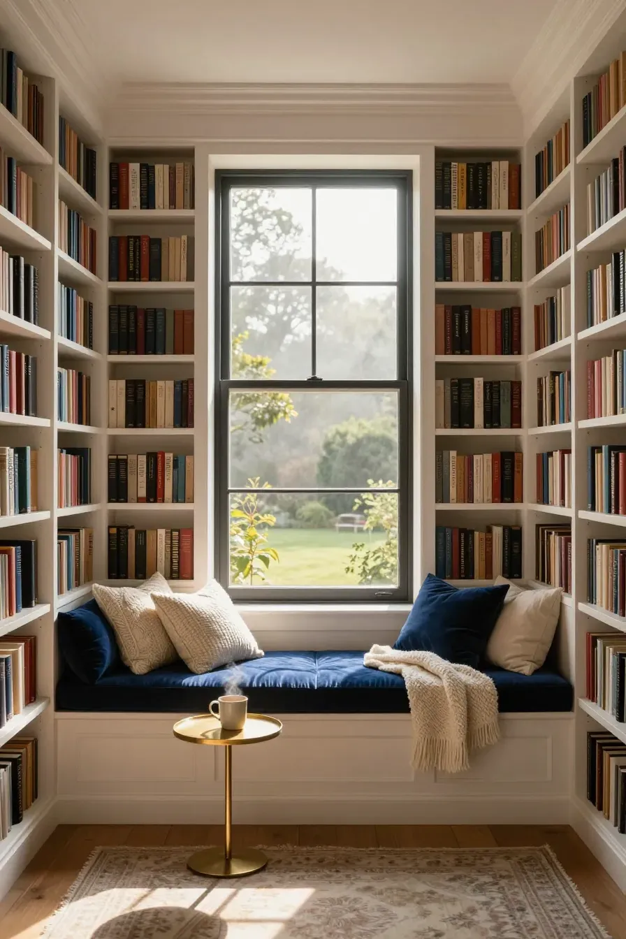 A cozy built-in window seat with blue cushions flanked by two tall white bookshelves filled with books.