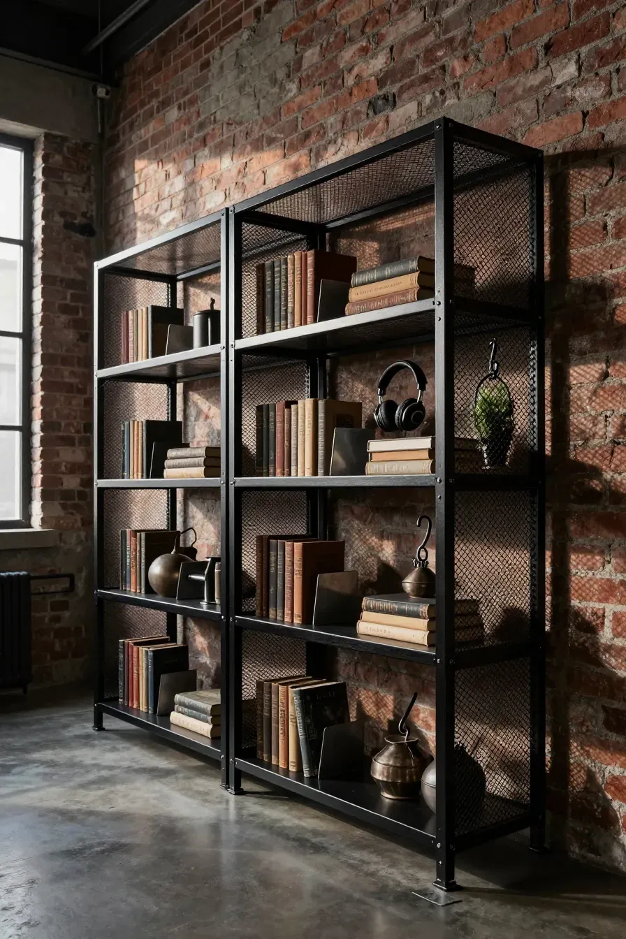 Black metal mesh industrial bookshelves against an exposed brick wall in a modern urban loft.