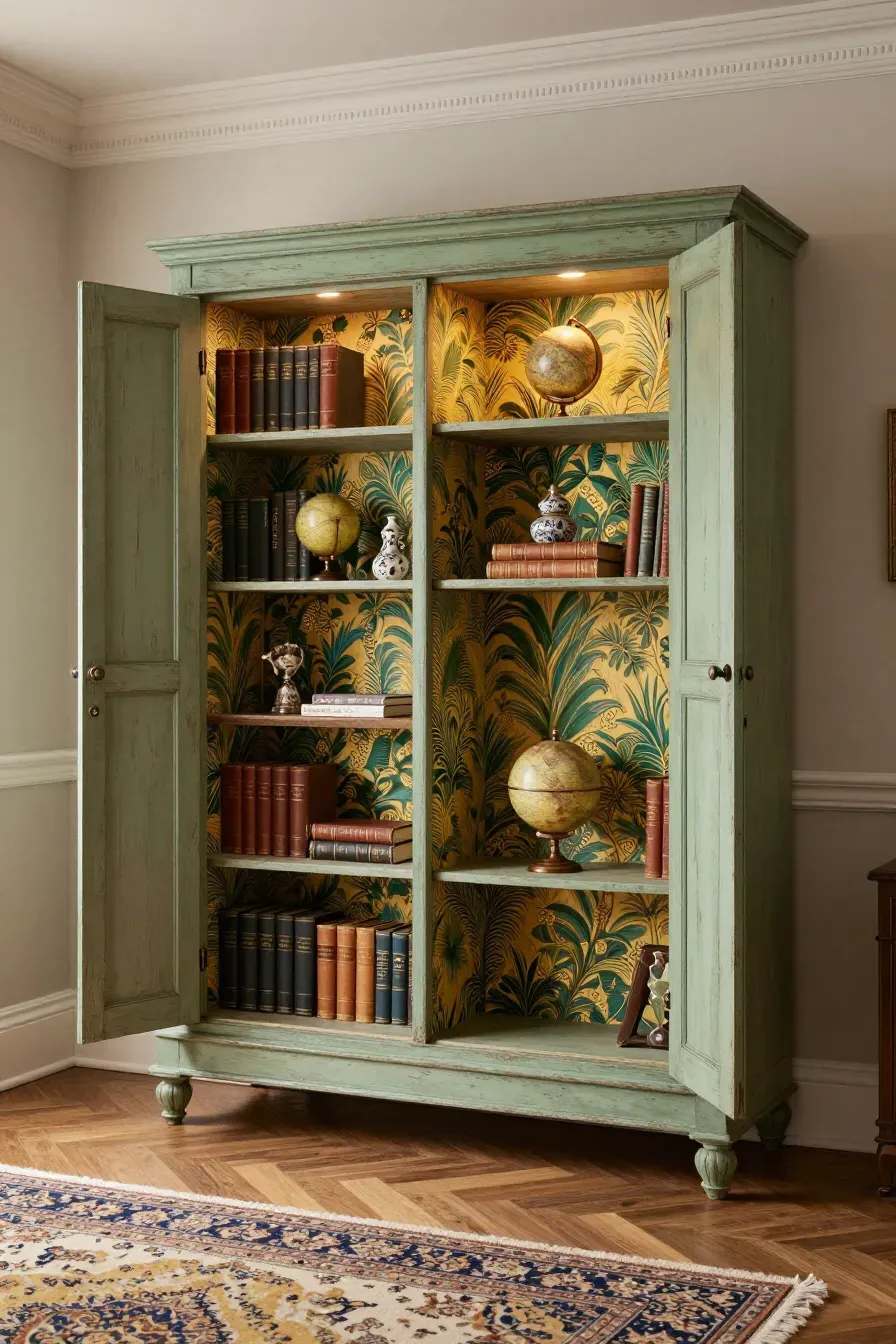 An antique sage green armoire converted into a bookshelf with botanical wallpaper lining the back.