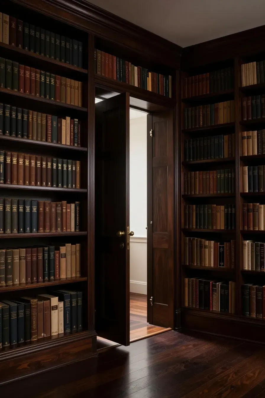 A mahogany bookshelf swinging open to reveal a hidden secret room in a classic library.