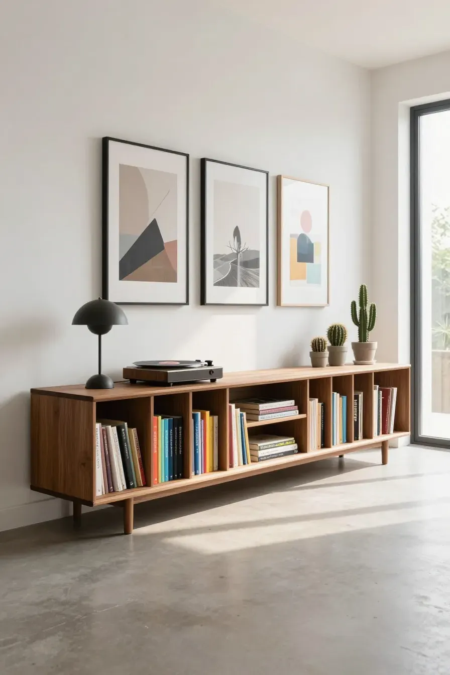 A long, low teak wood bookcase in a modern living room with a record player and plants on top.