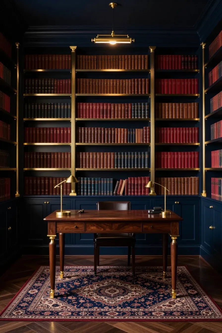 Elegant dark navy blue built-in bookshelves with gold brass brackets in a formal home study.