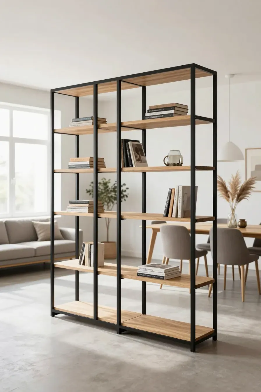 A tall black metal open-back bookshelf acting as a room divider in a bright modern loft.