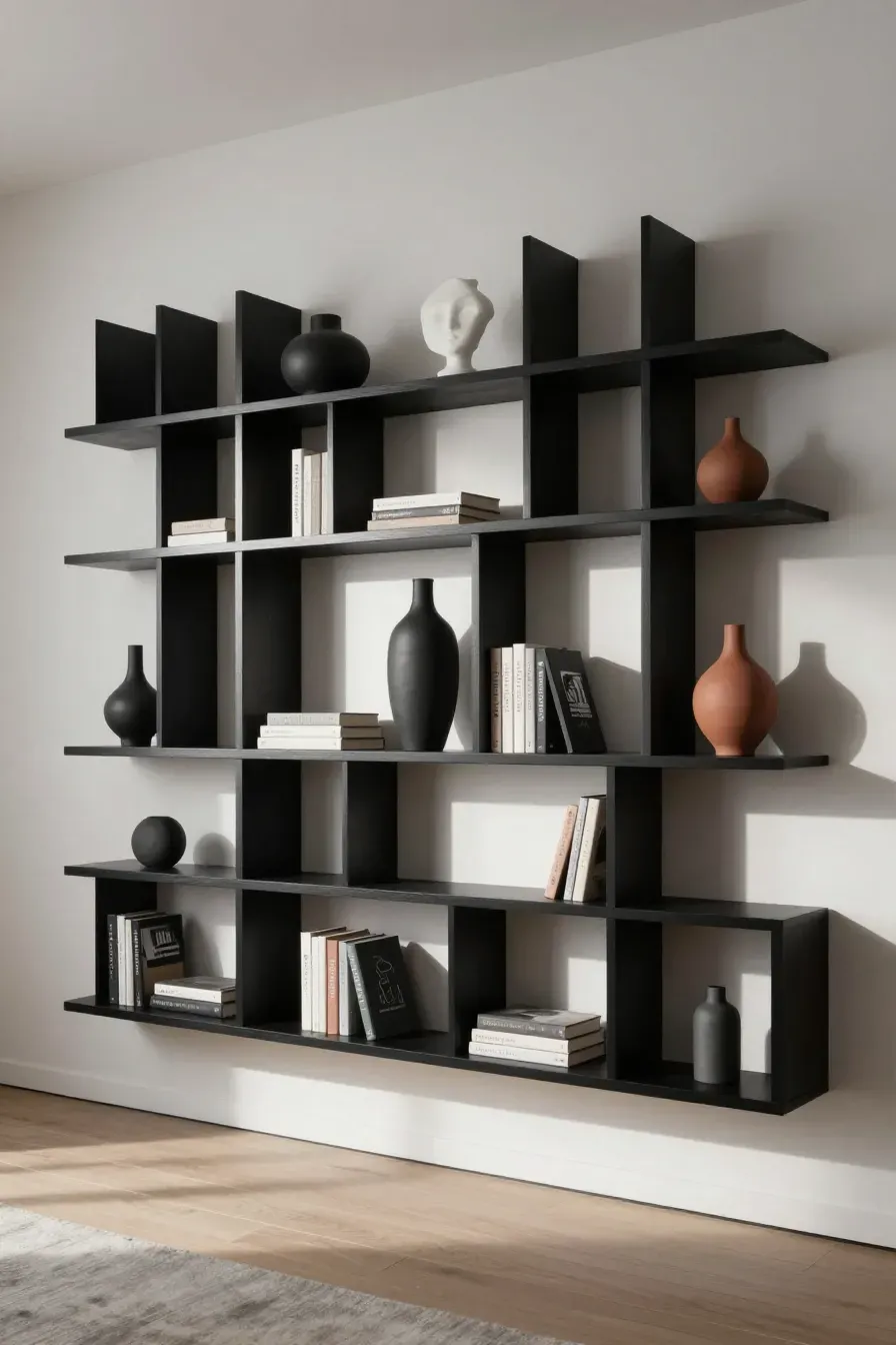 Modern black staggered shelves on a white wall featuring a mix of books and sculptural art.