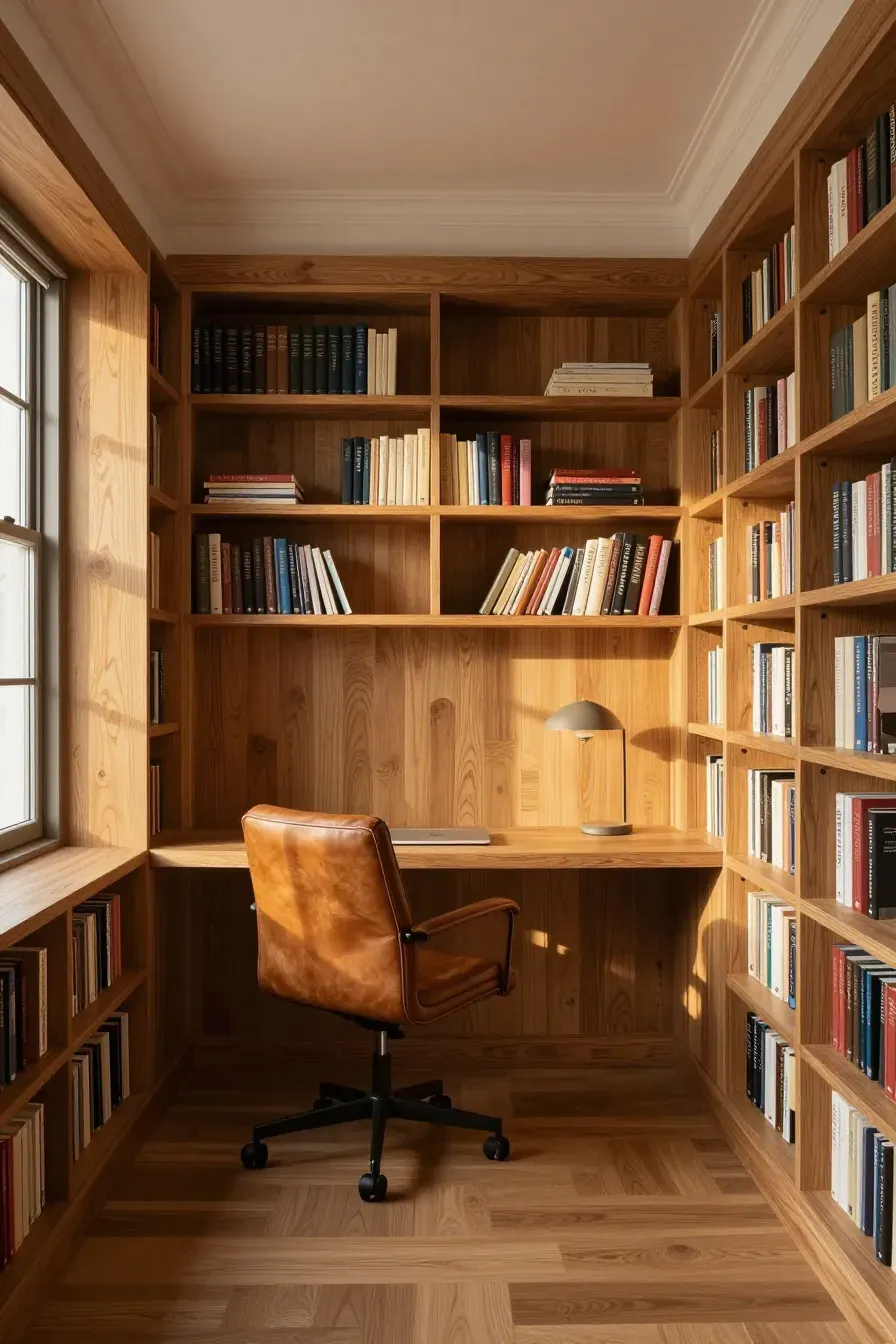 A solid oak library wall featuring a built-in desk and floor-to-ceiling bookshelves.