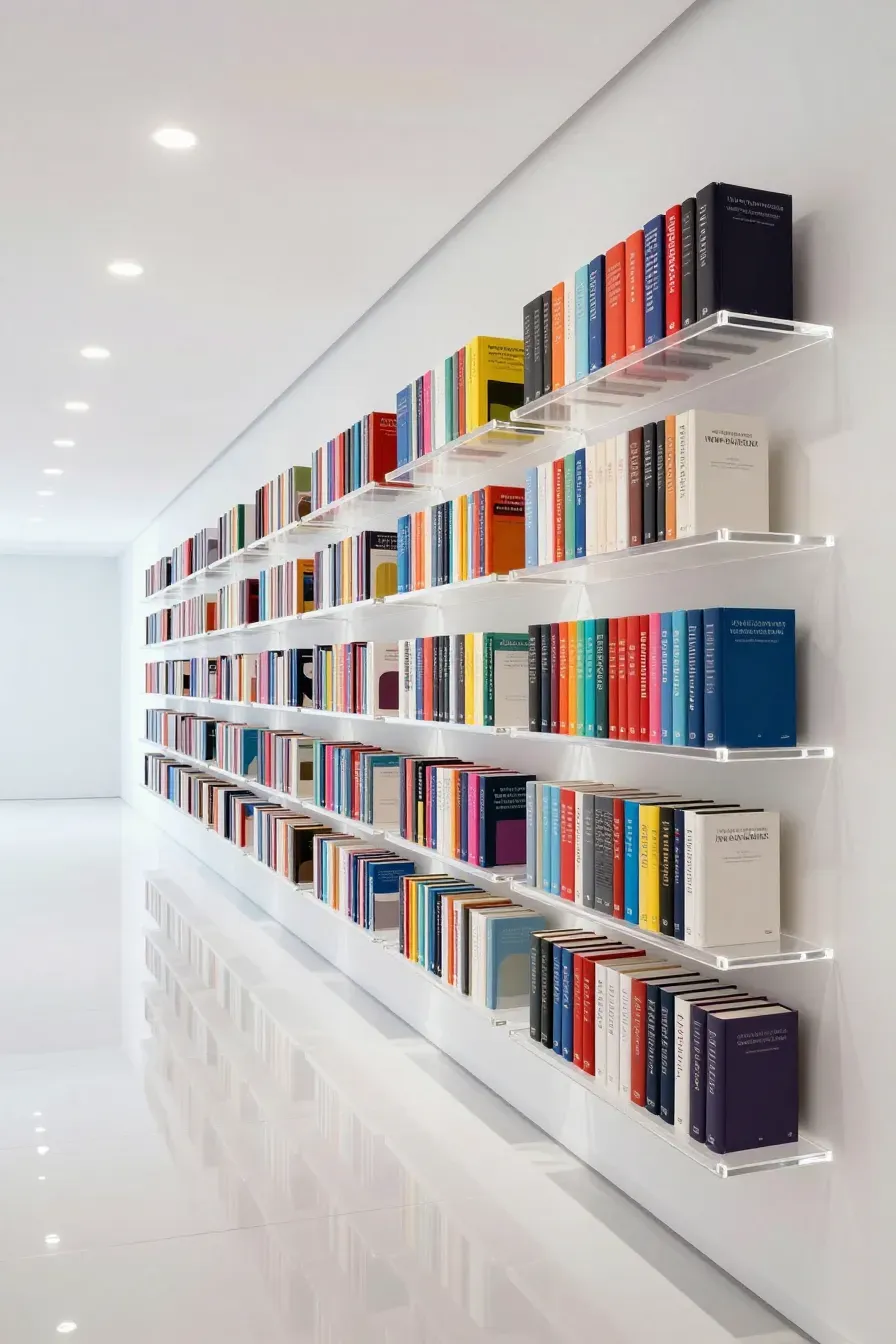 Clear acrylic floating shelves on a white hallway wall making books appear to hover.