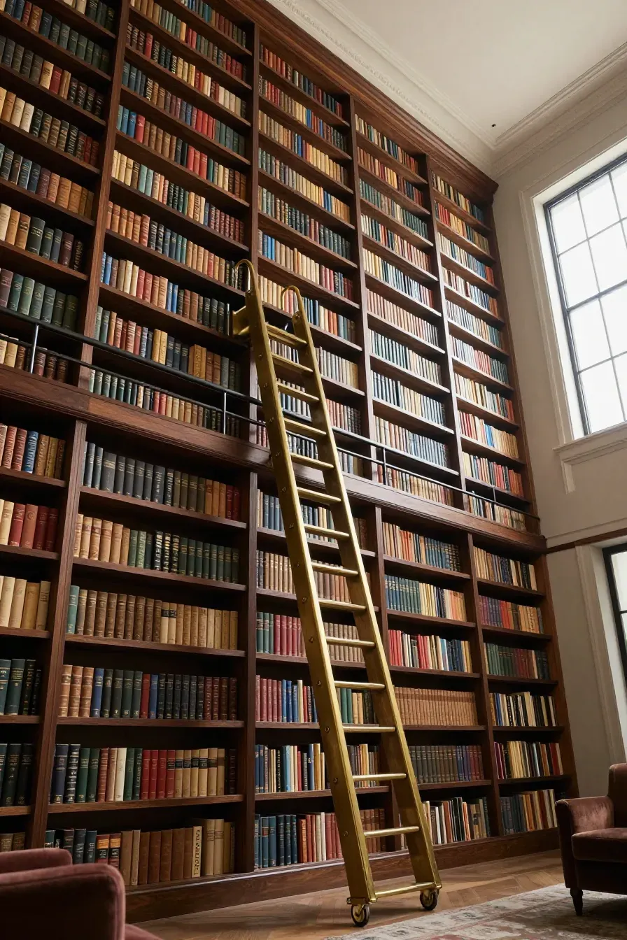 A tall dark wood library wall with a sliding brass ladder on a black metal rail.