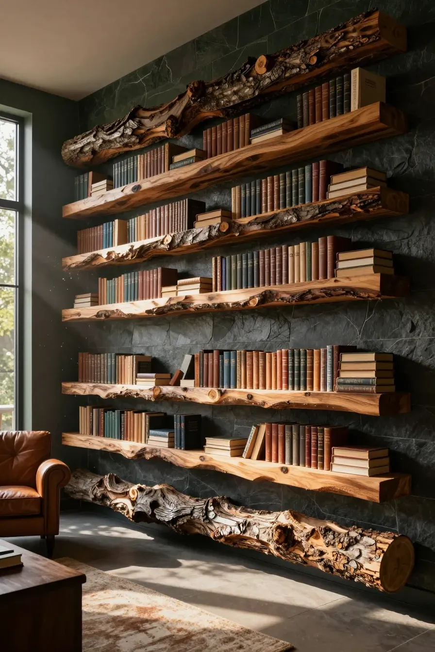 A luxury home library featuring thick live-edge wood slab shelves mounted on a stone wall.