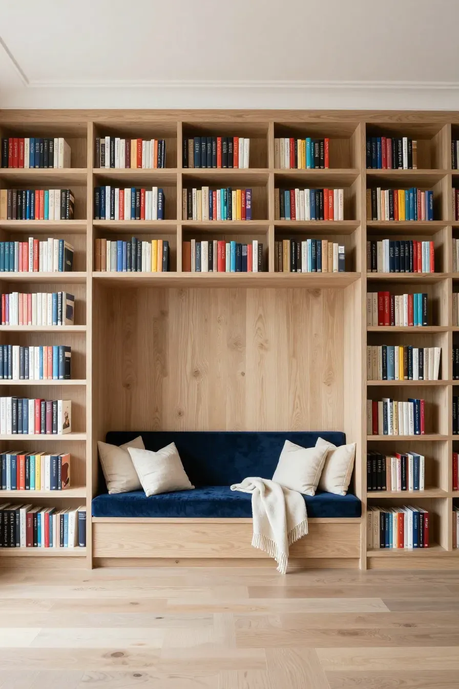 A large white oak bookshelf wall with a built-in navy blue velvet reading bench in the center.