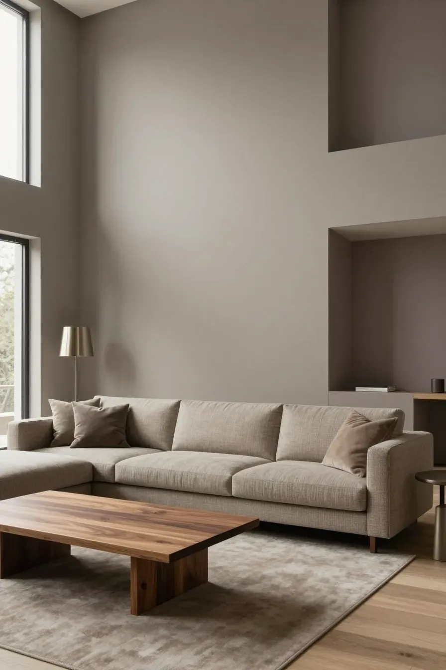A modern living room featuring greige walls, taupe furniture, walnut wood, and metal accents.