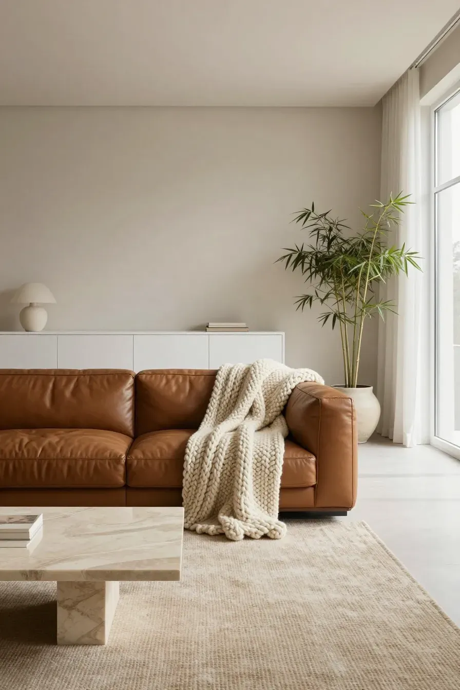 An off-white room with a leather sofa, wool throw, jute rug, and stone table showing rich textures.