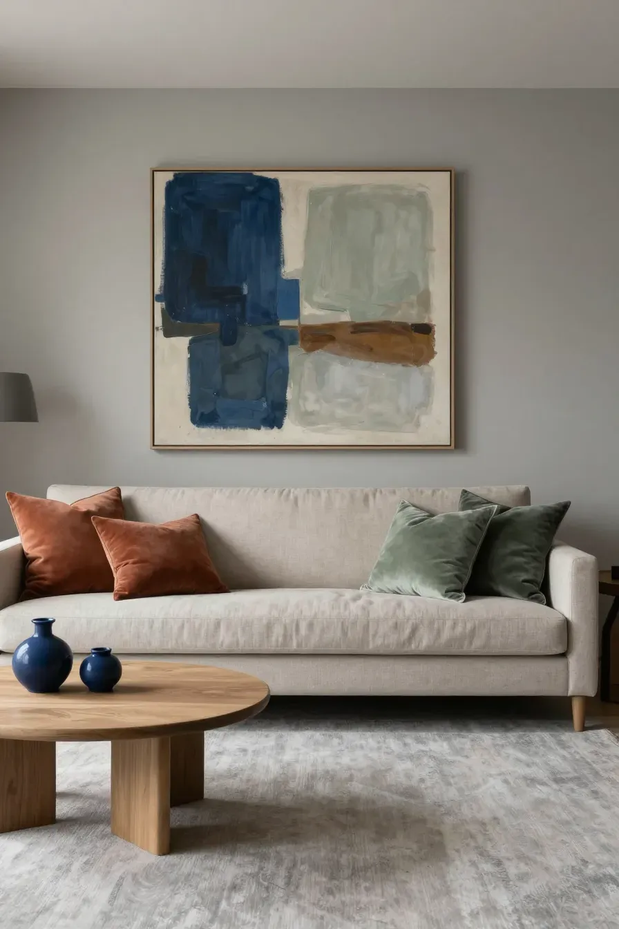 A greige living room with subtle terracotta, sage, and navy accents in the pillows and wall art.