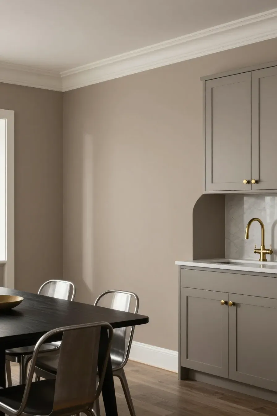 A taupe kitchen showing matte walls, satin trim, and elegant brass hardware accents.