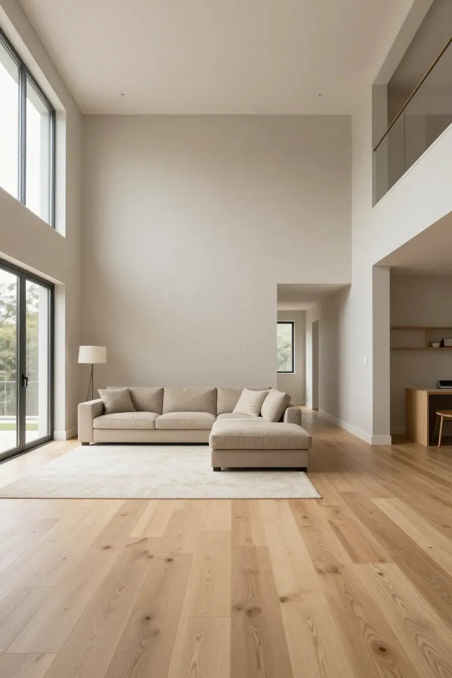 A modern open-plan living room with warm greige walls, light oak floors, and a cream sectional sofa.