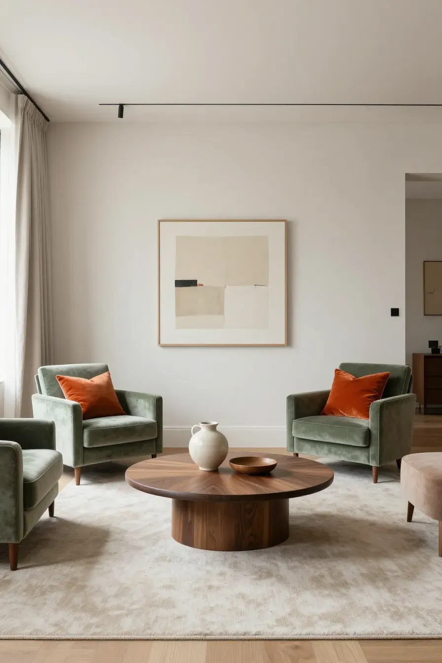 A balanced living room using 60% white, 30% sage green furniture, and 10% burnt orange accents.