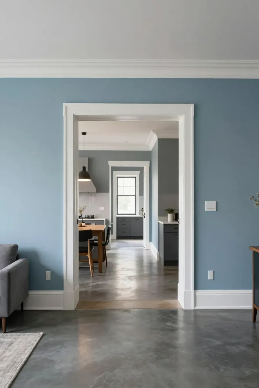 A view from a blue living room into a gray kitchen, showing consistent white trim and flooring.