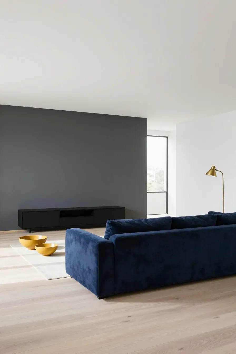 A bright white living room featuring a charcoal accent wall and a deep navy blue sofa.