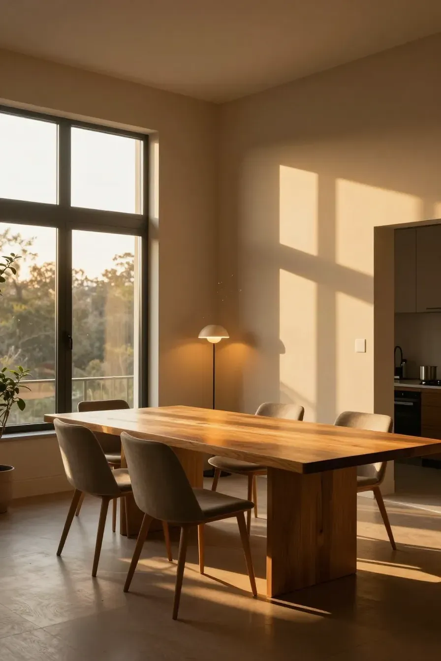 Golden hour sunlight streaming into a beige dining room, showing light and shadow on the walls.
