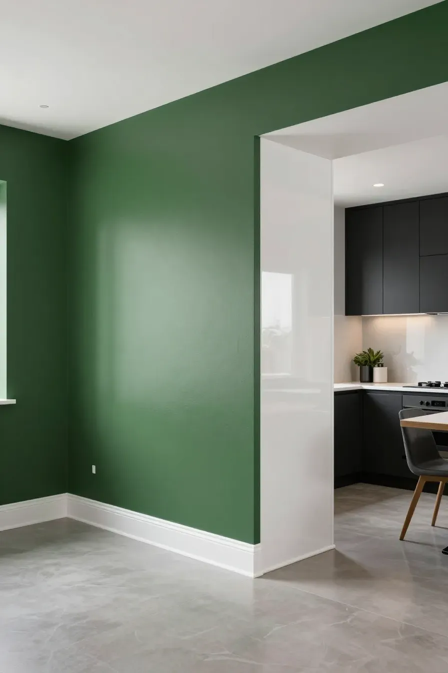 A kitchen with matte green walls and white semi-gloss trim, showing different light reflections.