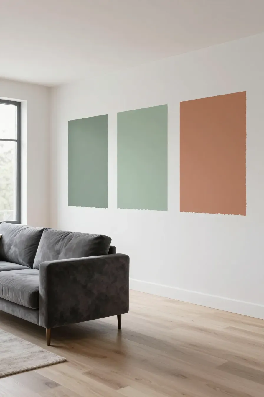 Large paint swatches on a living room wall next to a gray sofa and oak floors.