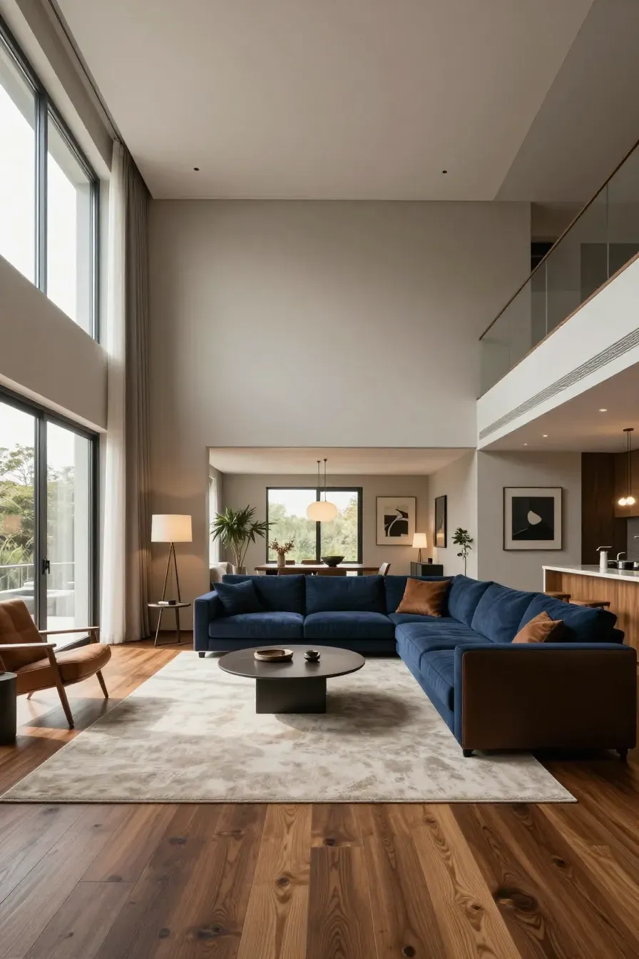 A wide-angle view of a modern living room with a cohesive navy and greige color scheme.