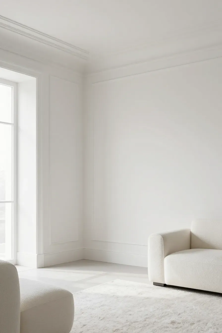 A minimalist room featuring layered shades of white and off-white with different paint finishes.