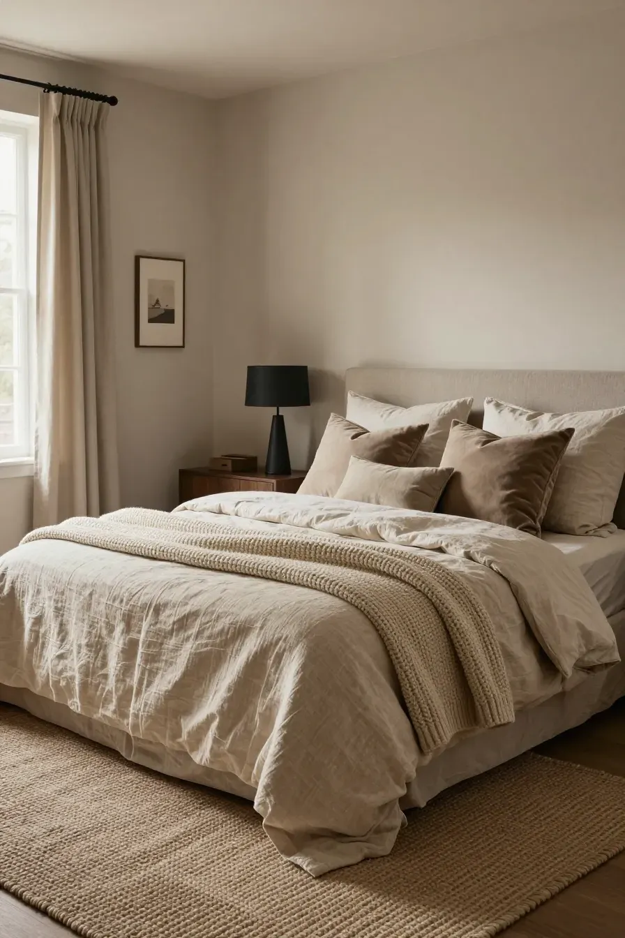 A neutral bedroom with layered textures like wool, linen, and velvet to create visual depth.