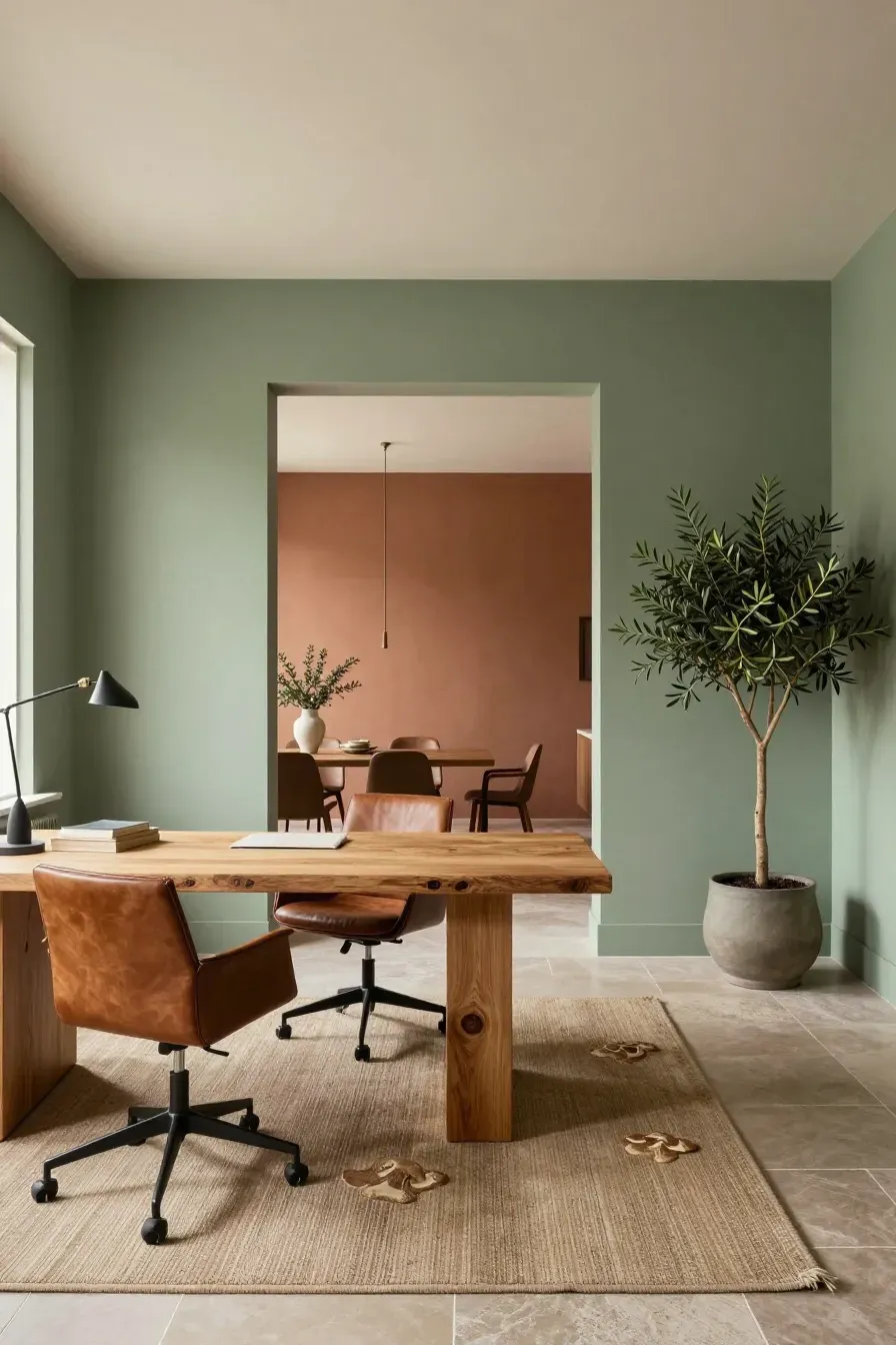 A home office with sage green walls, an oak desk, and terracotta accents in the background.