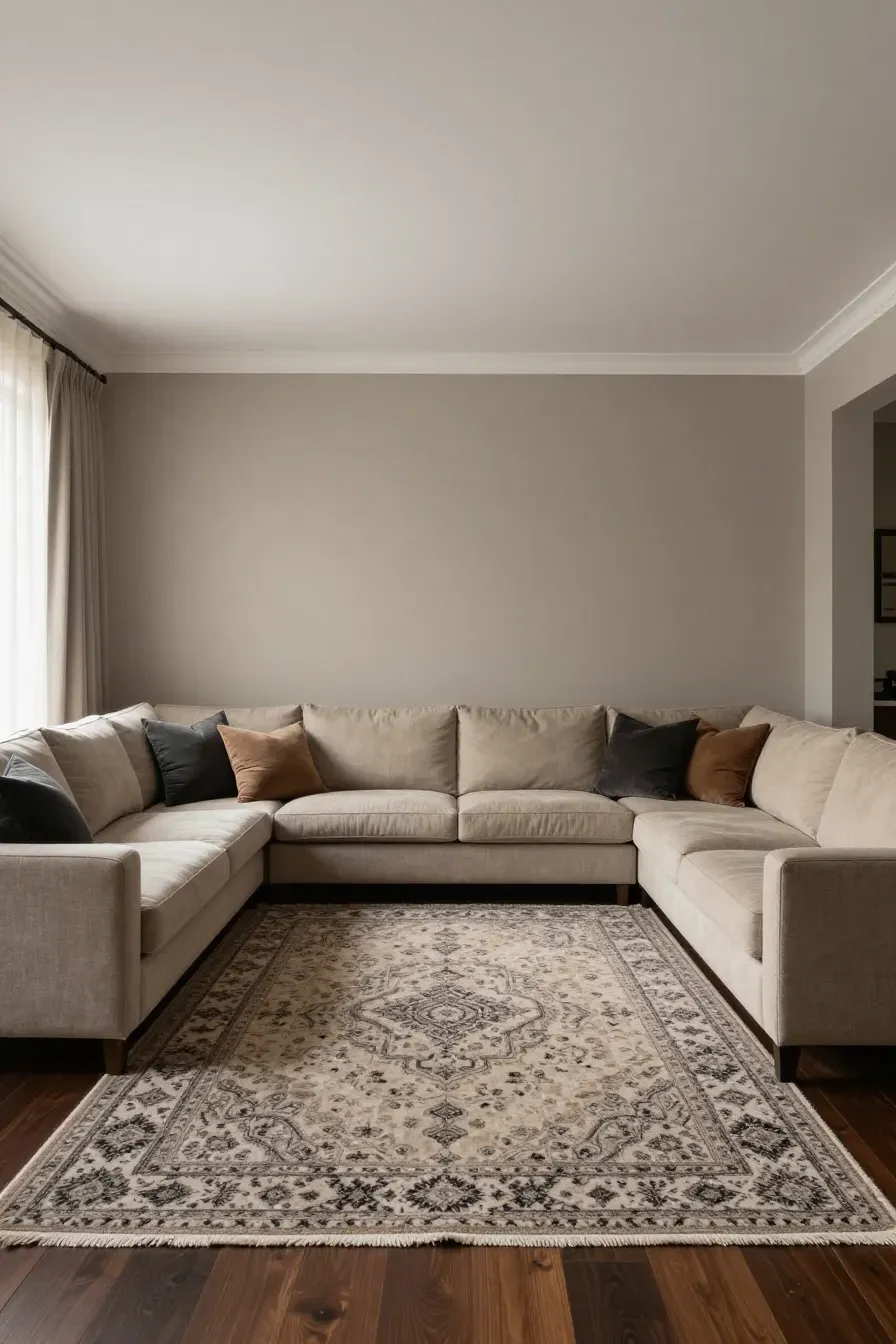 A balanced living room with greige walls, a large patterned rug, and a soft white ceiling.