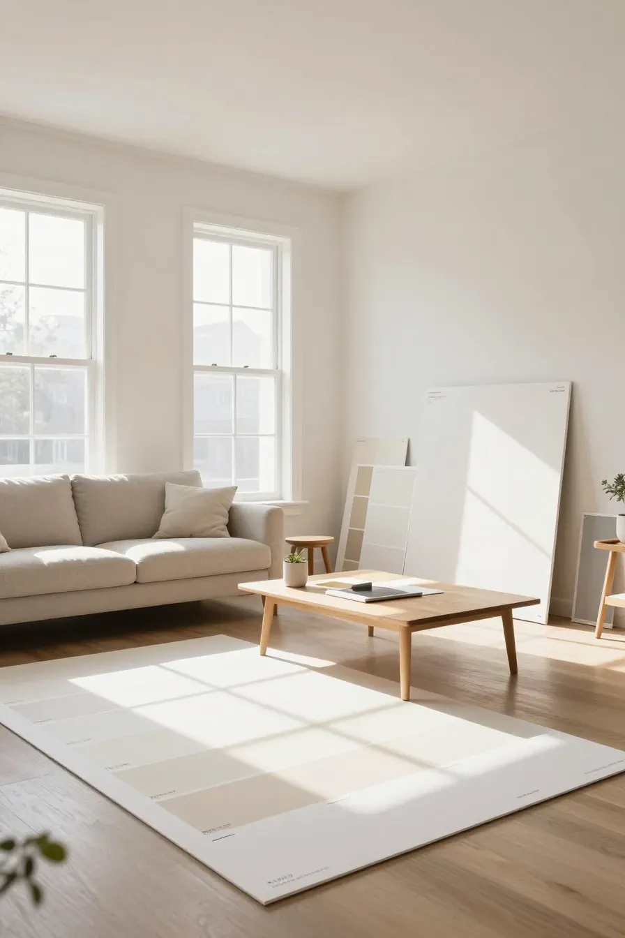 Large paint sample boards leaning against walls in a bright living room to test lighting.