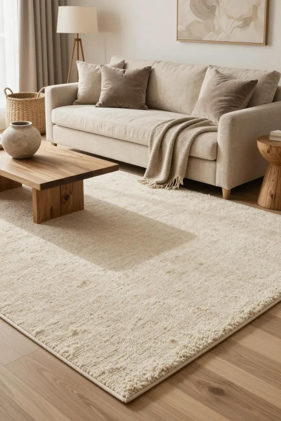 A neutral room featuring a chunky wool rug, velvet cushions, and stone accents to create depth.