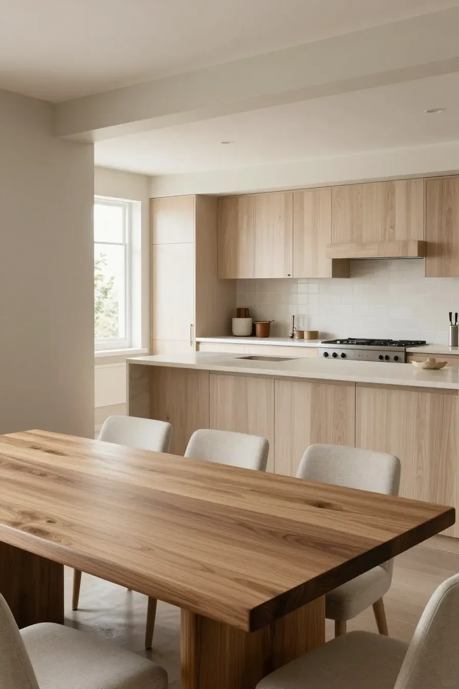 A modern kitchen with white oak cabinets and a walnut dining table against a taupe and cream backdrop.