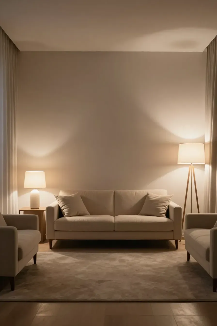 A living room at dusk with multiple lamps creating a warm, layered glow over cream and taupe decor.