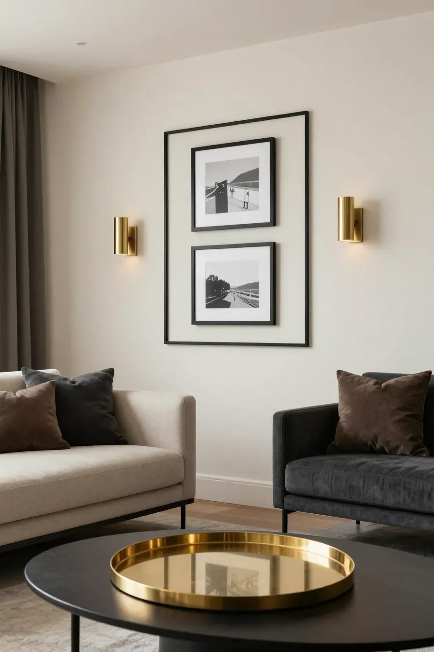 A neutral room featuring matte black frames and brass accents that provide contrast to cream walls.
