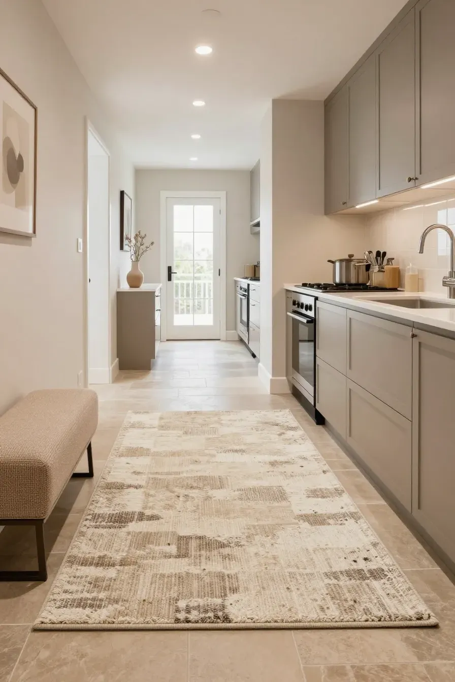 A high-traffic kitchen and entry featuring taupe cabinets and a multi-tonal neutral rug.