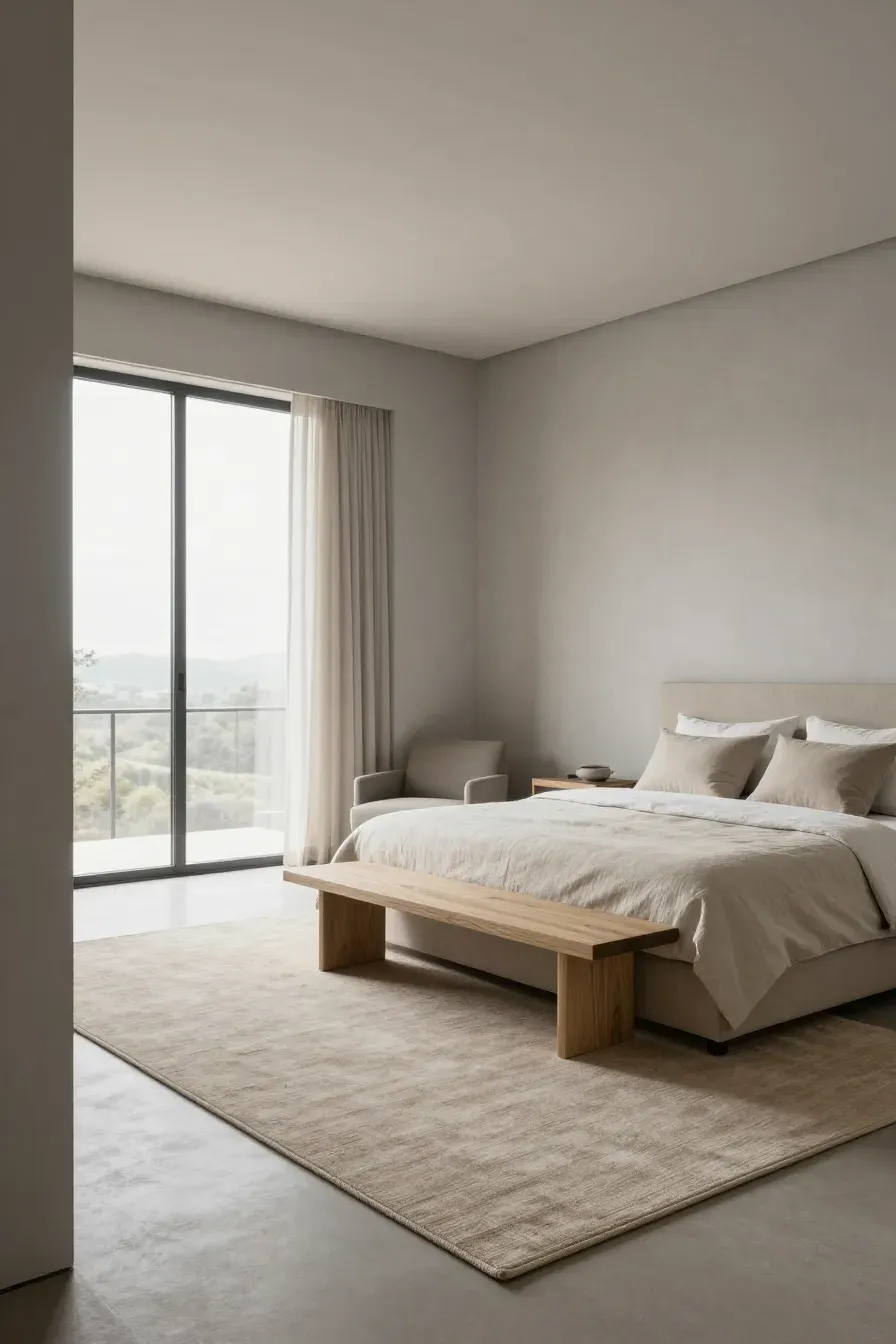 A wide-angle view of a modern bedroom with soft gray walls, beige linens, and natural light.