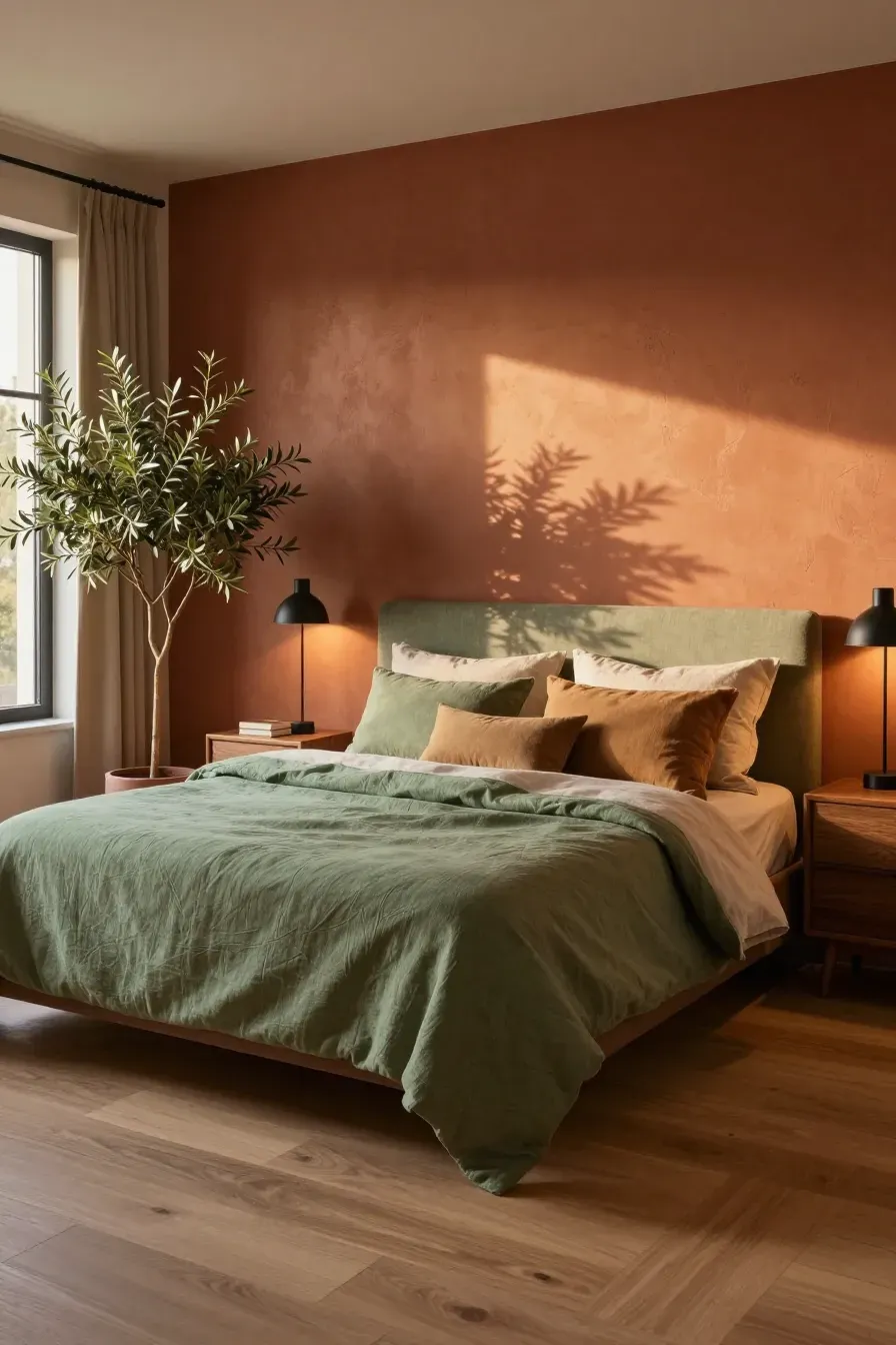 A contemporary bedroom featuring a terracotta accent wall and sage green linen bedding.
