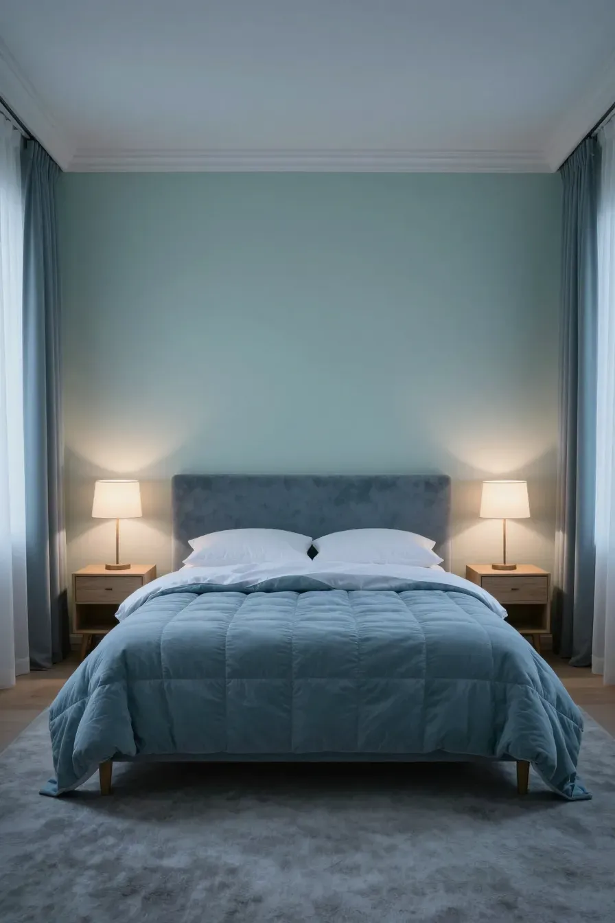 A peaceful bedroom with dusty blue and soft mint green walls and bedding for a restful mood.