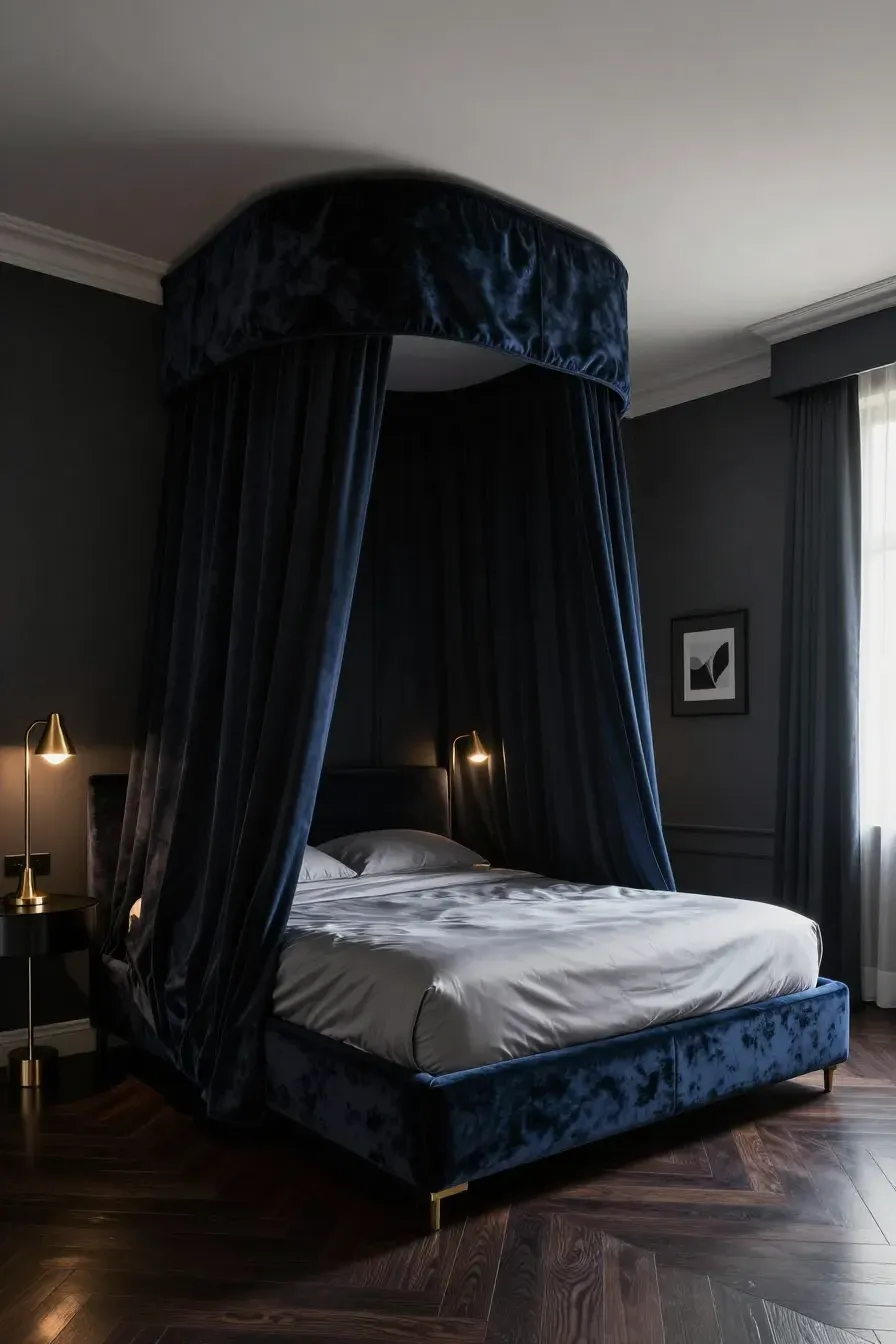 A dark, moody bedroom with charcoal walls, navy bedding, and elegant brass accents.