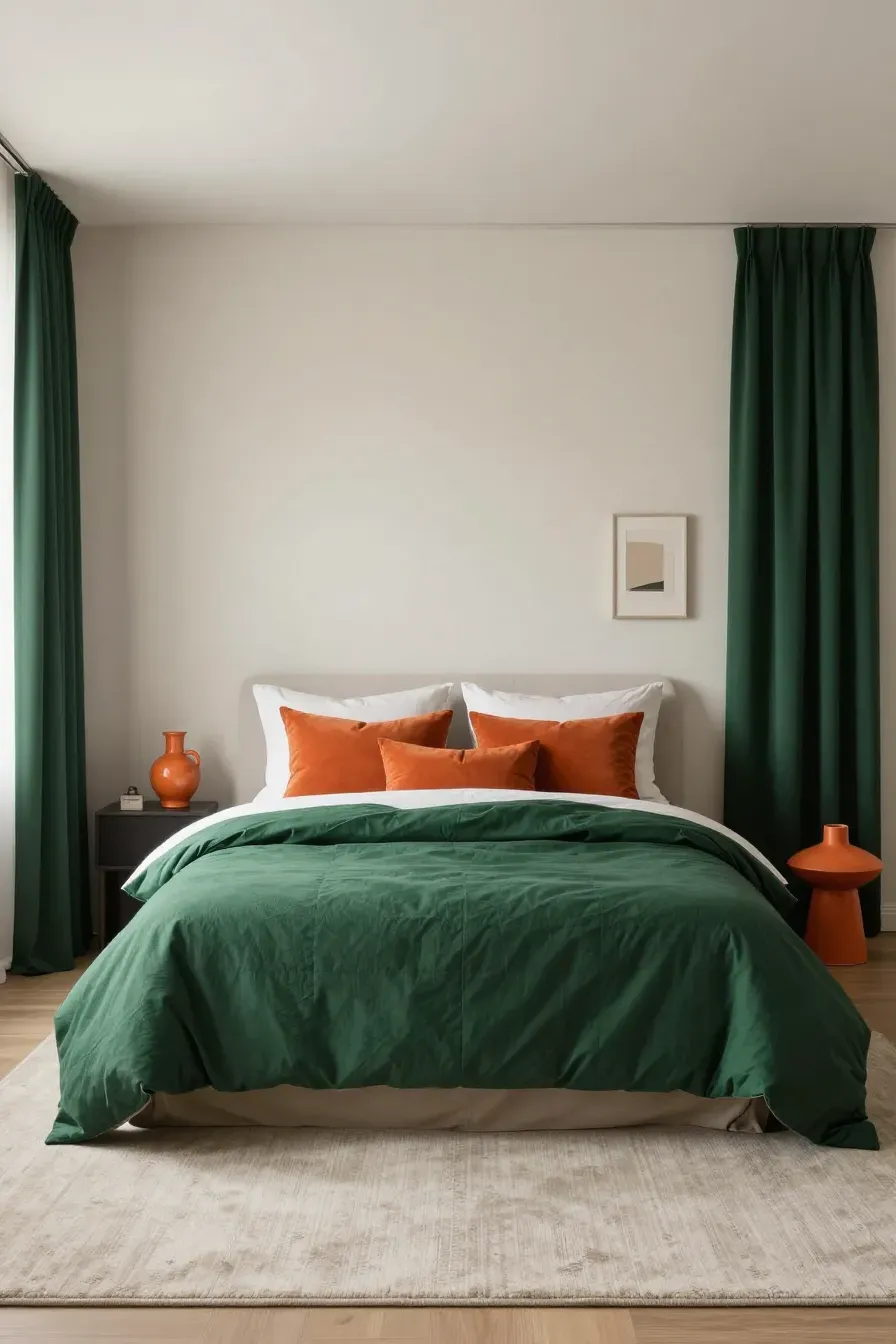 A bedroom perfectly balanced with greige walls, forest green bedding, and burnt orange accents.