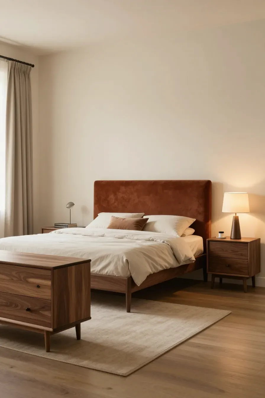 A bedroom with walnut furniture and a cinnamon velvet headboard coordinated with cream walls.