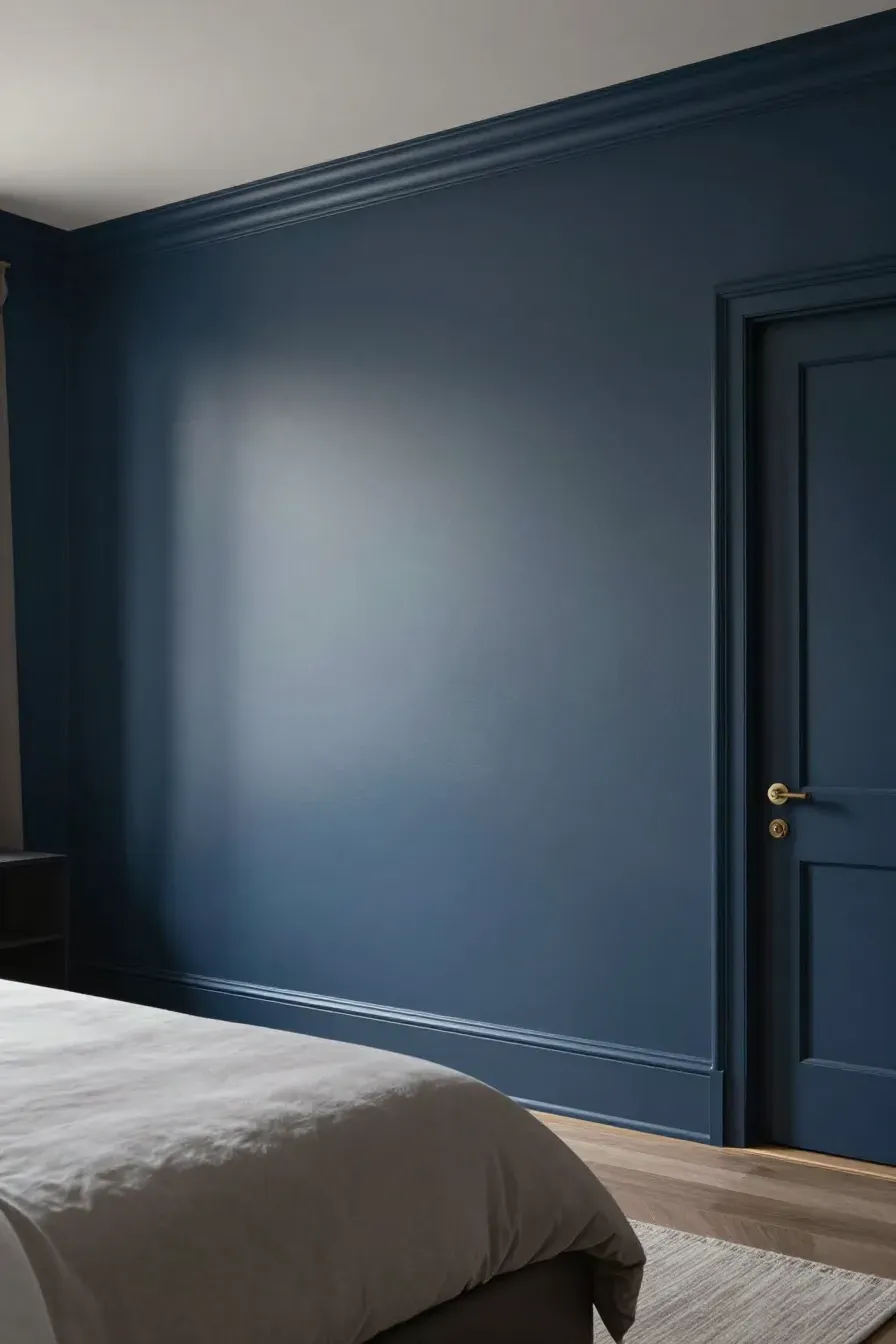 A modern bedroom with matte charcoal-blue walls that create a soft, non-reflective surface.